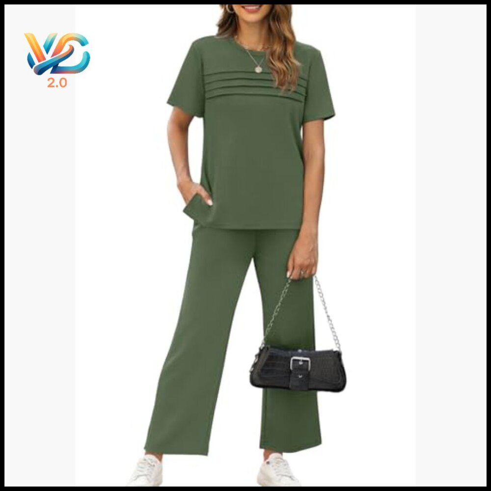 Two Piece Set Wide Leg Pants Short Sleeve Lounge Travel Outfit S-3XL - Picture 2 of 7